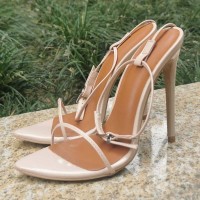 Pointed Open Toe Ankle Buckle Straps Stiletto Heels Party Wedding Dance Sandals - Beige Patent