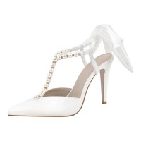 Pointed Toe Ankle Faux Pearl Beads T Straps Stiletto Heels Wedding Pumps - White Faux Leather