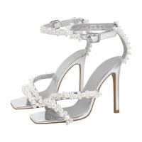 Square Open Toe Ankle Faux Pearl Beads Ankle Buckle Straps Stiletto Heels Sandals - Silver Faux Leather