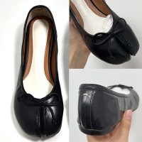 Round Split Toe Butterfly Knot Ballets Flats Shoes - Black Faux Leather