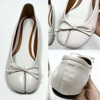 Round Split Toe Butterfly Knot Ballets Flats Shoes - White Faux Leather