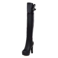 Pointed Toe Over The Knees Thigh Highs Chunky Heels Platforms Metal Belt Buckle Zipper Boots - Black Faux Leather