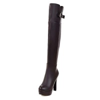 Pointed Toe Over The Knees Thigh Highs Chunky Heels Platforms Metal Belt Buckle Zipper Boots - Brown Faux Leather