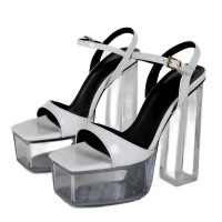 Square Open Toe Transparent Platforms Chunky Heels Ankle Buckle Straps Sandals - White Patent PVC