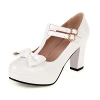 Round Toe T Straps Bowtied Mary Janes Chunky Heels Low Platforms Pumps - White Patent