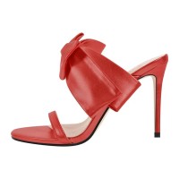 Peep Toe Bow Decorated Stiletto Heels Summer Sandals - Red Faux Leather