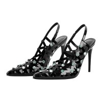 Pointed Toe Stiletto Heels Rhinestones Sexy Slingback Pumps - Black Patent