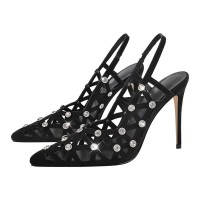 Pointed Toe Stiletto Heels Rhinestones Sexy Slingback Pumps - Black Flock