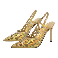 Pointed Toe Stiletto Heels Rhinestones Sexy Slingback Pumps - Gold Patent
