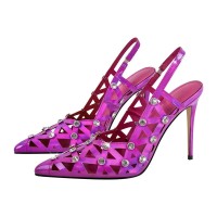 Pointed Toe Stiletto Heels Rhinestones Sexy Slingback Pumps - HotPink Patent