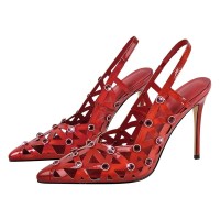Pointed Toe Stiletto Heels Rhinestones Sexy Slingback Pumps - Red Patent