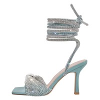 Square Open Toe High Heels Gladiator Lace Up Rhinestones Sandals - Skyblue Patent