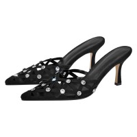Pointed Toe Stiletto Heels Rhinestones Sexy Sandals Slippers - Black Flock