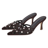 Pointed Toe Stiletto Heels Rhinestones Sexy Sandals Slippers - Brown Flock
