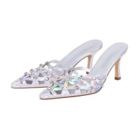 Pointed Toe Stiletto Heels Rhinestones Sexy Sandals Slippers - Silver Patent