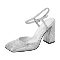 Square Toe Rhinestones Ankle Buckle Straps Chunky Heels Sandals - Silver Faux Leather