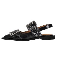 Pointed Toe Slingback Buckle Straps Retro Comfortable Flats Shoes - Black Patent