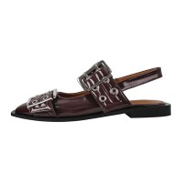 Pointed Toe Slingback Buckle Straps Retro Comfortable Flats Shoes - Brown Patent