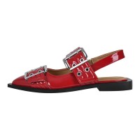 Pointed Toe Slingback Buckle Straps Retro Comfortable Flats Shoes - Red Patent