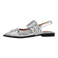 Pointed Toe Slingback Buckle Straps Retro Comfortable Flats Shoes - Silver Patent