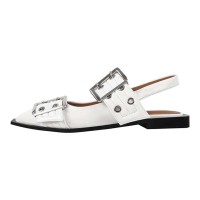 Pointed Toe Slingback Buckle Straps Retro Comfortable Flats Shoes - White Patent