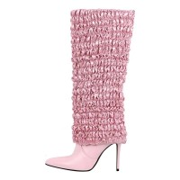 Stiletto Heels Pointed Toe Knee High Pleated Fold Over Booties - Pink Faux Leather