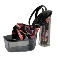 Square Open Toe Transparent Platforms Chunky Heels Flowers Ankle Buckle Straps Sandals - Black Fabric