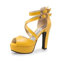 Fish Mouth Platforms Cuban Heels Ankle Buckle Cross Straps Summer Sandals - Yellow Faux Leather