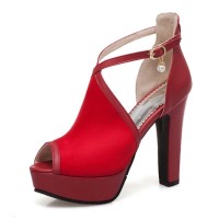 Fish Mouth Platforms Cuban Heels Ankle Buckle Cross Straps Summer Sandals - Red Flock