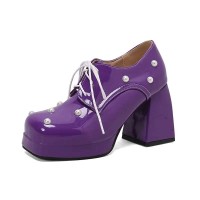 Round Toe Chunky Heels Faux Pearl Beads Decorated Lace Up Low Platforms Loafers Pumps - Purple Patent