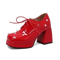 Round Toe Chunky Heels Faux Pearl Beads Decorated Lace Up Low Platforms Loafers Pumps - Red Patent