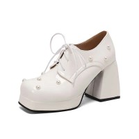 Round Toe Chunky Heels Faux Pearl Beads Decorated Lace Up Low Platforms Loafers Pumps - White Patent