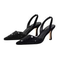 Pointed Toe Rhinestones Kitten Heels Slingback Sandals - Black Sequined Cloth