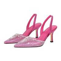 Pointed Toe Rhinestones Kitten Heels Slingback Sandals - HotPink Sequined Cloth