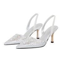 Pointed Toe Rhinestones Kitten Heels Slingback Sandals - White Sequined Cloth