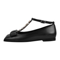Square Toe Ankle Buckle Crystal T Straps Retro Ribbon Shoes - Black Faux Leather