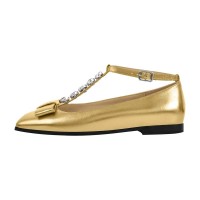 Square Toe Ankle Buckle Crystal T Straps Retro Ribbon Shoes - Gold Faux Leather