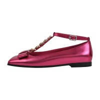 Square Toe Ankle Buckle Crystal T Straps Retro Ribbon Shoes - HotPink Faux Leather
