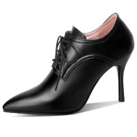 Pointed Toe Stiletto Heels Lace Up Vintage Loafers Shorts Booties - Black Faux Leather