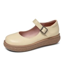 Round Toe Cute Oxford Casual Office Walking Comfortable Mary Janes Flats - Apricot Faux Leather