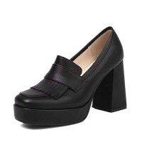 Round Toe Tassel  Chunky Heels Low Platforms College Style Loafers Pumps - Black Faux Leather