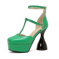 Round Toe Ankle Buckle T Straps Bowling Chunky Heels Platforms Pumps - Green Faux Leather