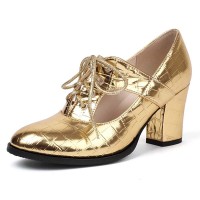 Pointed Toe Chunky Heels Lace Up Party Dance Club Style Summer Loafers Pumps - Gold Faux Leather