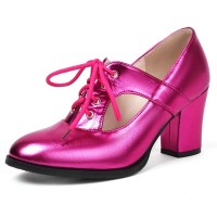 Pointed Toe Chunky Heels Lace Up Party Dance Club Style Summer Loafers Pumps - Rose Faux Leather