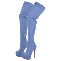 Round Toe Stiletto Heels Over The Knees Thigh Highs Platforms Booties - Blue Flock