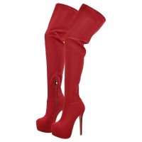 Round Toe Stiletto Heels Over The Knees Thigh Highs Platforms Booties - Red Flock