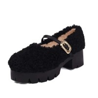 Round Toe Mary Janes Chunky Heels Platforms Fluffy Pumps - Black Plush Wool