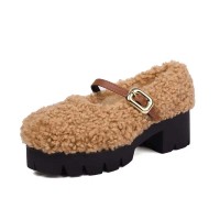 Round Toe Mary Janes Chunky Heels Platforms Fluffy Pumps - Brown Plush Wool