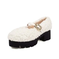 Round Toe Mary Janes Chunky Heels Platforms Fluffy Pumps - White Plush Wool