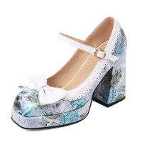 Square Toe Bowtied Mary Janes Chunky Heels Low Platforms Flower Print Pumps - SkyBlue Patent